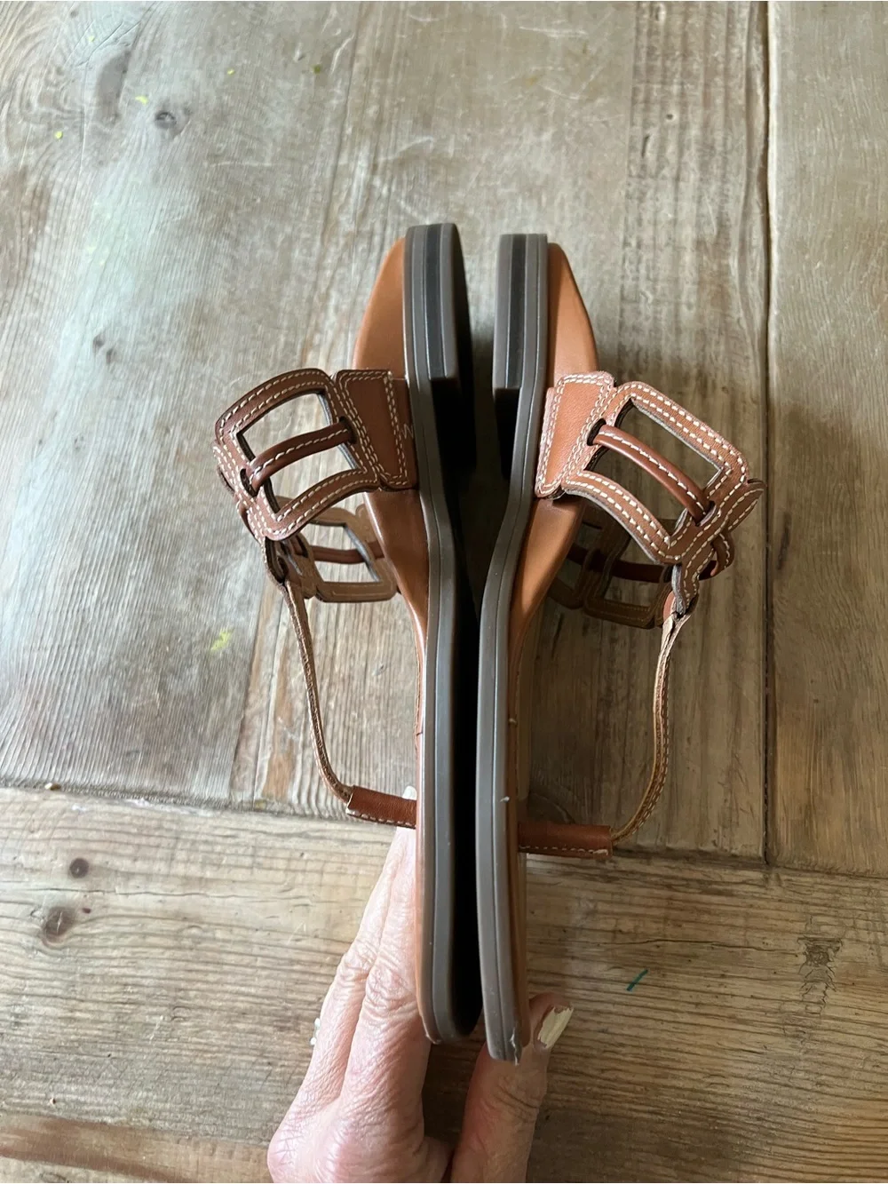 Vionic Tan Brown T-Strap Leather Slide Sandals - Picture 6 of 11